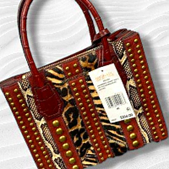 Michael Kors Mercer Medium Red Leopard Calf Hair‎ Gold Studded Accordion Handbag - Picture 1 of 4